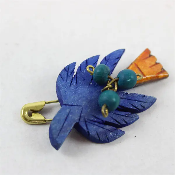 Vintage Carved Wood Blue Bird Brooch