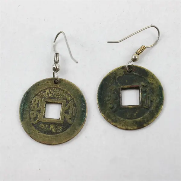 Metal Replica Chinese Coin Dangle Earrings