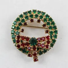 Vintage Rhinestone Christmas Wreath Gold-Tone Brooch 1.5"