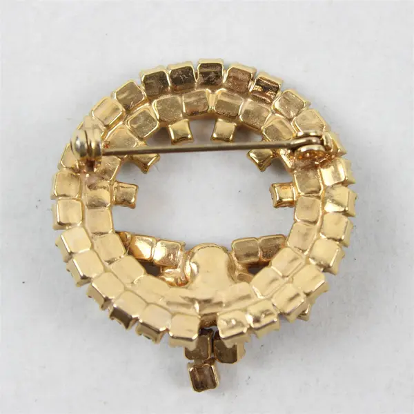 Vintage Rhinestone Christmas Wreath Gold-Tone Brooch 1.5"