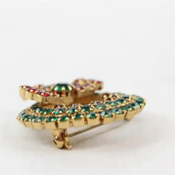 Vintage Rhinestone Christmas Wreath Gold-Tone Brooch 1.5"
