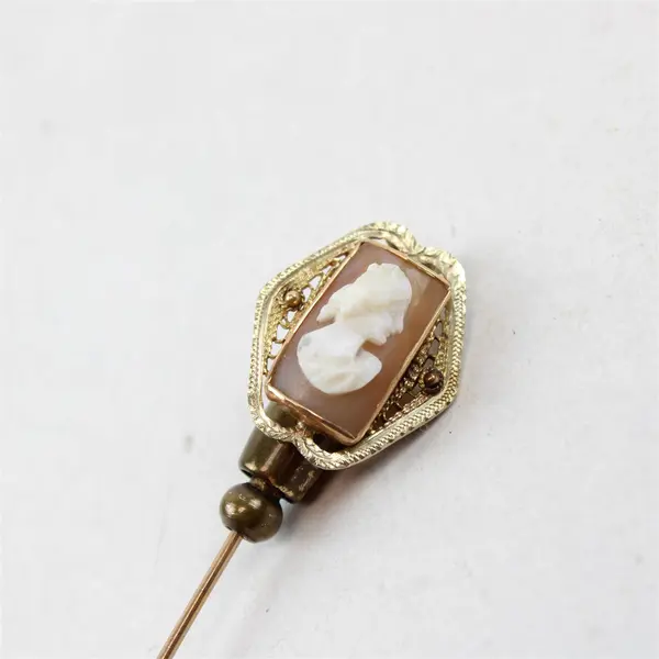 Vintage Cameo Stick Pin White Shell Relief Gold-Tone 