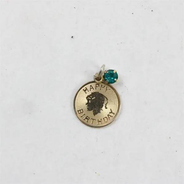 Vintage Aquamarine March Birthstone Happy Birthday Gold-Tone Charm Pendant