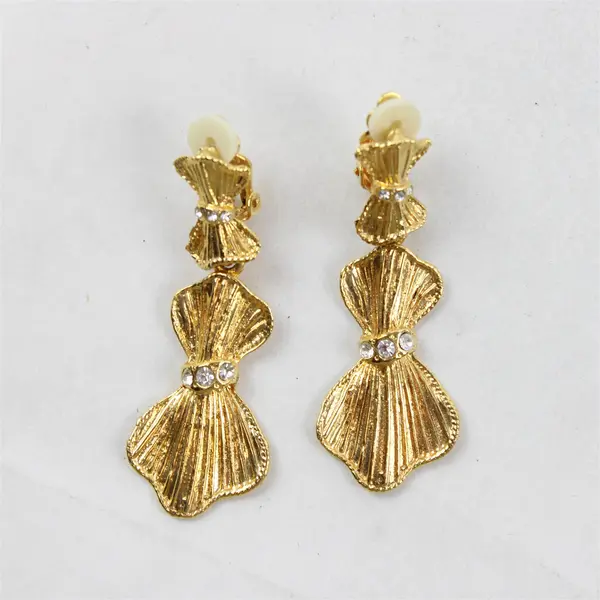 Vintage Gold-Tone Metal Clear Rhinestone Dangle Clip-On Earrings