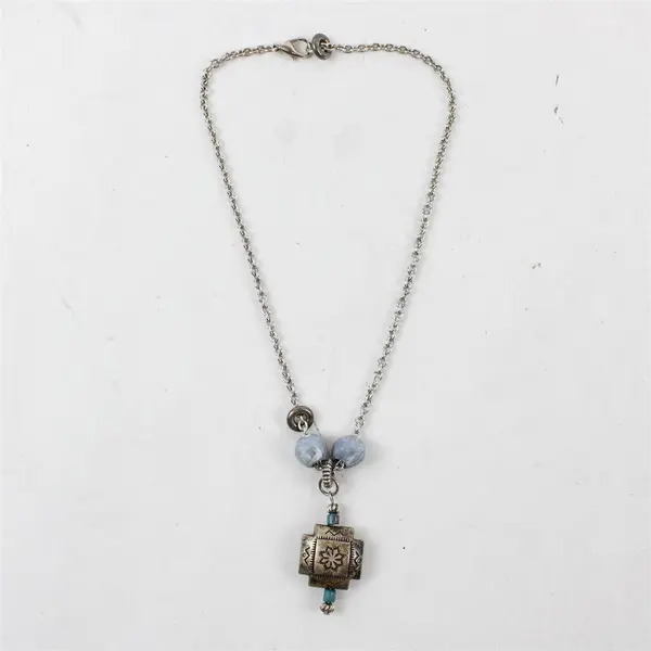 Silver-Tone Tribal-Style Beaded Pendant Choker Necklace 15.5" Costume Jewelry