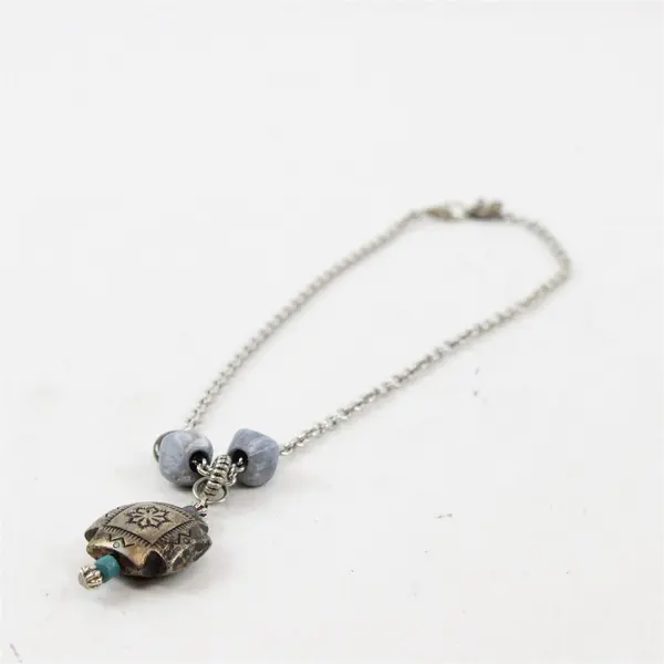 Silver-Tone Tribal-Style Beaded Pendant Choker Necklace 15.5" Costume Jewelry
