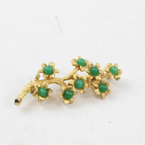 Vintage Floral Tree Branch Gold-Tone Metal Brooch with Green Stones 2.25"