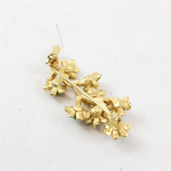 Vintage Floral Tree Branch Gold-Tone Metal Brooch with Green Stones 2.25"