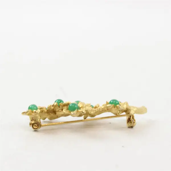 Vintage Floral Tree Branch Gold-Tone Metal Brooch with Green Stones 2.25"