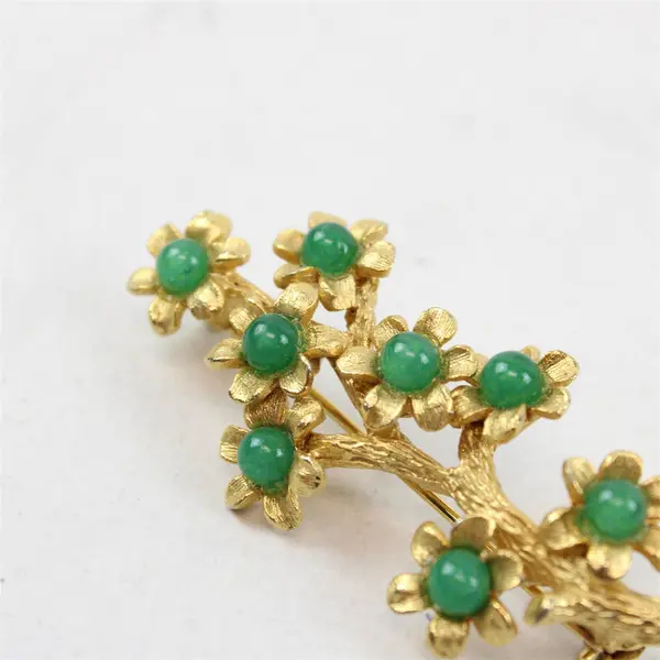 Vintage Floral Tree Branch Gold-Tone Metal Brooch with Green Stones 2.25"