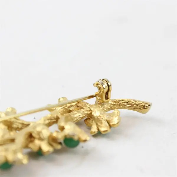 Vintage Floral Tree Branch Gold-Tone Metal Brooch with Green Stones 2.25"