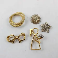 Lot of 5 Vintage Gold-Tone Metal Brooches
