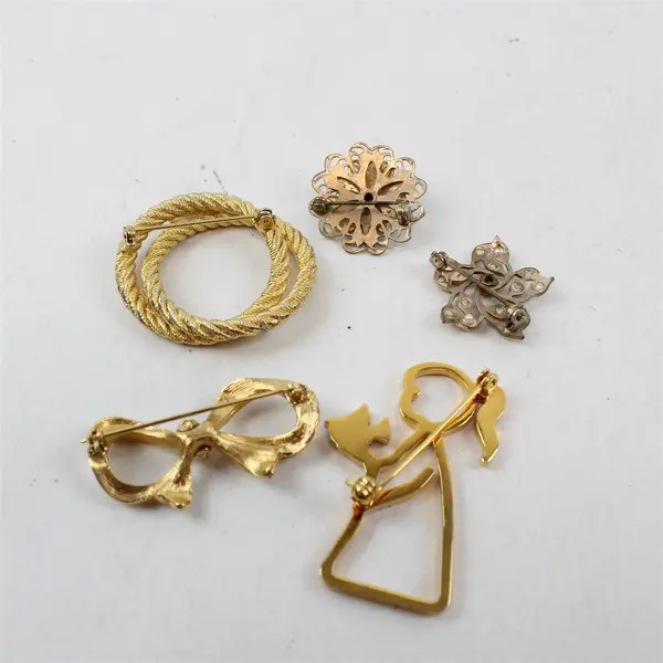 Lot of 5 Vintage Gold-Tone Metal Brooches