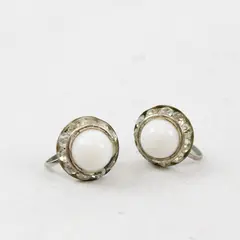 VTG White Cabochon and Clear Rhinestones Round Silver-Tone Screw Back Earrings