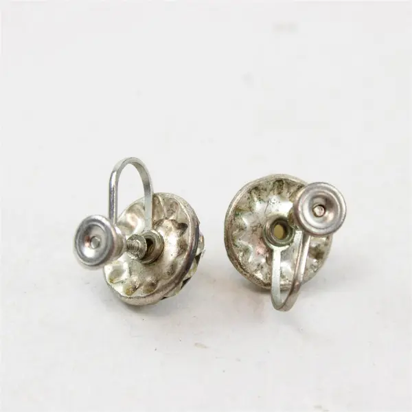 VTG White Cabochon and Clear Rhinestones Round Silver-Tone Screw Back Earrings