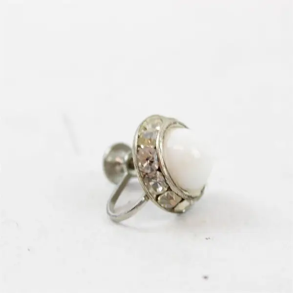 VTG White Cabochon and Clear Rhinestones Round Silver-Tone Screw Back Earrings