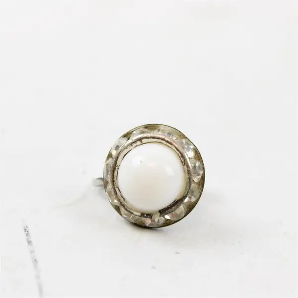 VTG White Cabochon and Clear Rhinestones Round Silver-Tone Screw Back Earrings