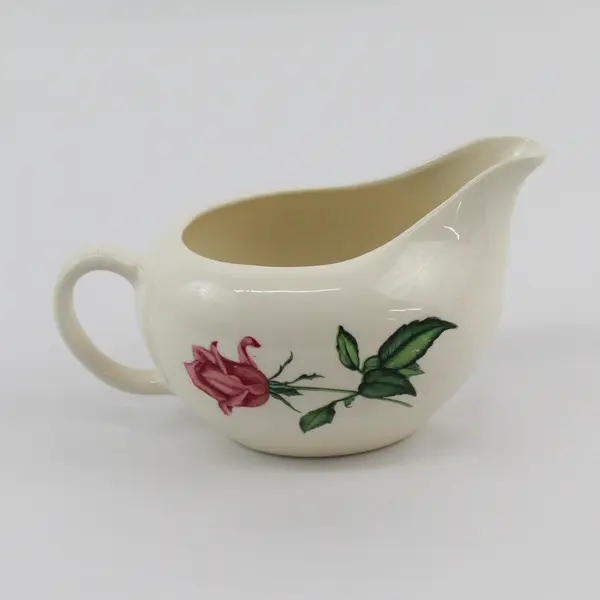 White Ceramic Gravy Boat w/ Handle Spout Pink Rose Floral Pattern
