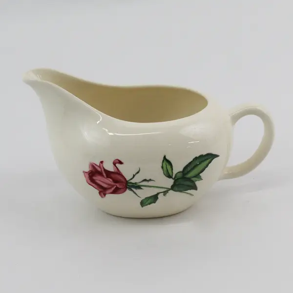 White Ceramic Gravy Boat w/ Handle Spout Pink Rose Floral Pattern