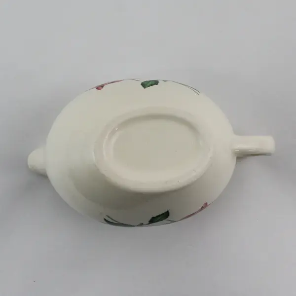 White Ceramic Gravy Boat w/ Handle Spout Pink Rose Floral Pattern
