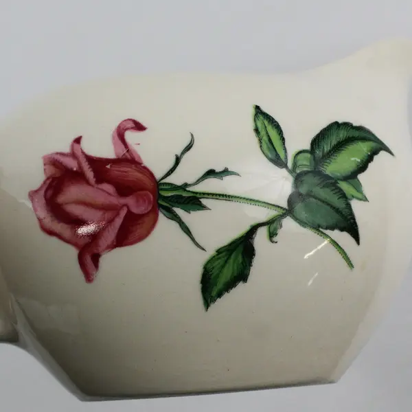White Ceramic Gravy Boat w/ Handle Spout Pink Rose Floral Pattern