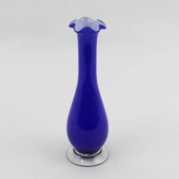 Handblown Cobalt Blue Bud Vase Ruffled Rim 7.25in Art Glass