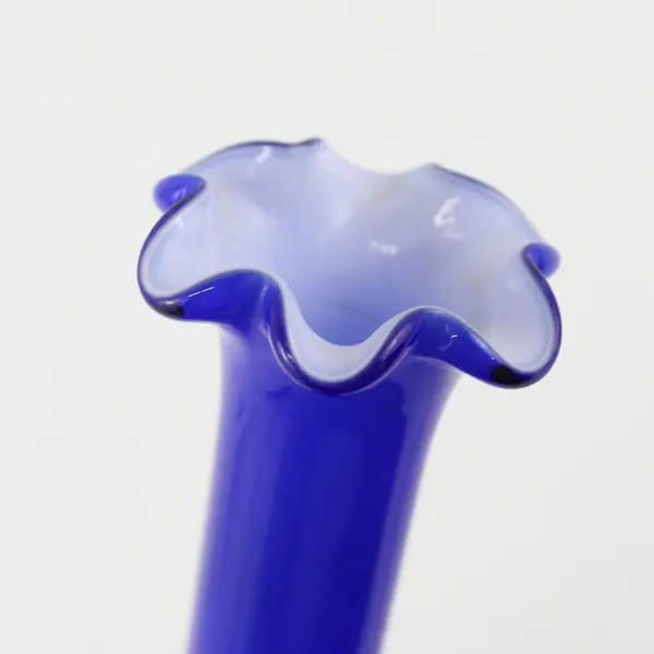 Handblown Cobalt Blue Bud Vase Ruffled Rim 7.25in Art Glass