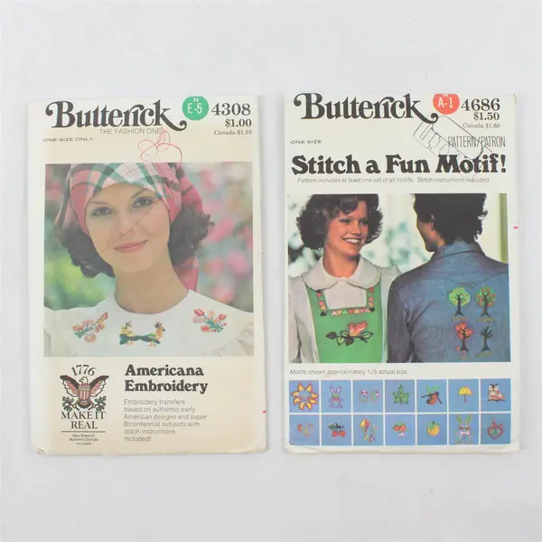 Lot of 2 Butterick Vintage Embroidery Transfer Patterns #4308 & #4686 One Size