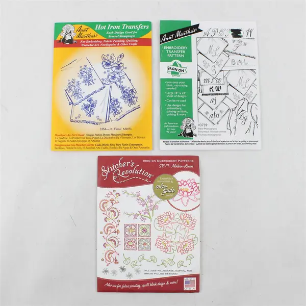 Lot of 3 Iron-On Embroidery Patterns 2 Aunt Martha's 1 Stitcher's Revolution 