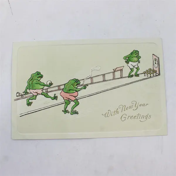 Vintage With New Year Greetings Frogs Lawn Bowling Humorous Greeting Postcard