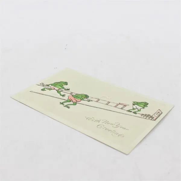 Vintage With New Year Greetings Frogs Lawn Bowling Humorous Greeting Postcard