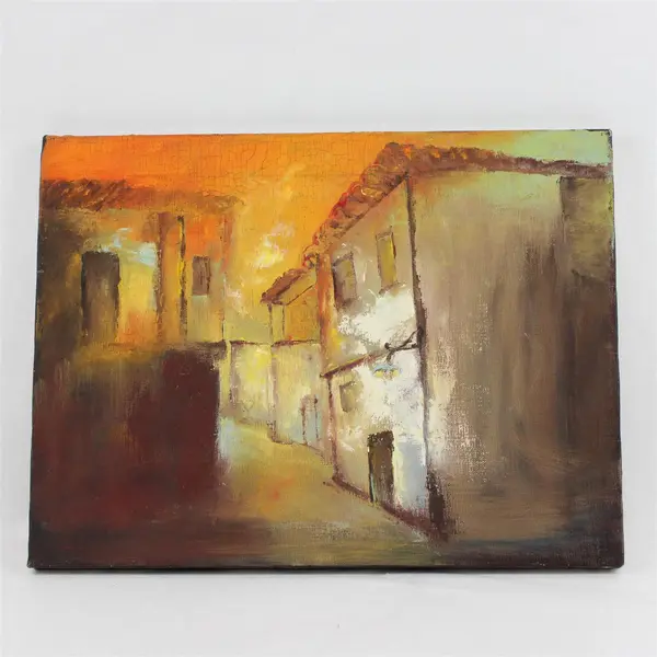 Warm Tone Alleyway Original Acrylic Painting on Canvas 12" x 15-3/4" Flawed