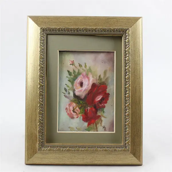 Signed Roses Original Acrylic Painting Framed 9-1/4" x 7-1/2"