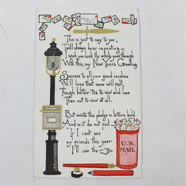 Vintage Art Deco 1910 New Year's Greeting Poem US Mail Box Streetlight Postcard