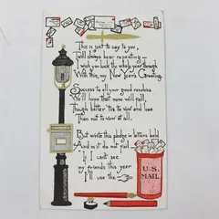 Vintage Art Deco 1910 New Year's Greeting Poem US Mail Box Streetlight Postcard