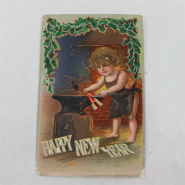 Vintage 1910 Happy New Year Child Blacksmith Anvil Embossed Postcard