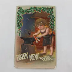 Vintage 1910 Happy New Year Child Blacksmith Anvil Embossed Postcard