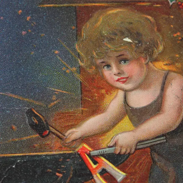 Vintage 1910 Happy New Year Child Blacksmith Anvil Embossed Postcard