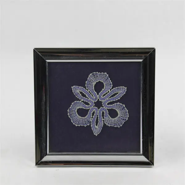 Handmade Blue Floral Design Bobbin Lace Art in Silver-Tone Metal Frame 