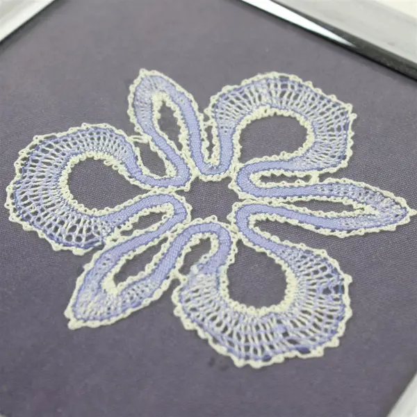 Handmade Blue Floral Design Bobbin Lace Art in Silver-Tone Metal Frame 