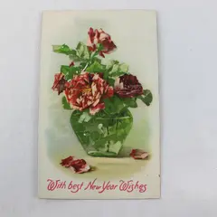 Vintage 1907 With Best New Year Wishes Rose Vase Postcard Hilts California DPO