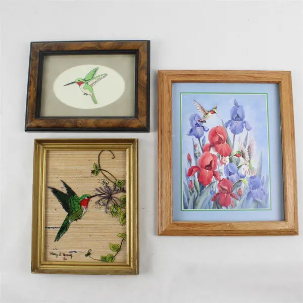 Lot of 3 Hummingbird Art Pieces in Wooden Frames