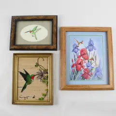 Lot of 3 Hummingbird Art Pieces in Wooden Frames
