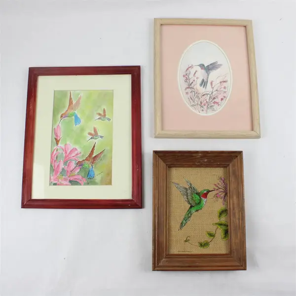 Lot of 3 Hummingbird Art Pieces in Wooden Frames