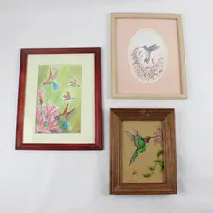 Lot of 3 Hummingbird Art Pieces in Wooden Frames