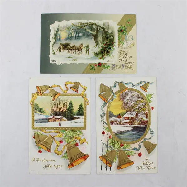 Lot Of 3 1910s A Happy New Year Bells Winter Scene Embossed Postcards