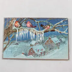 Vintage 1909 A Happy New Year Birds Snowy Scene Embossed Postcard