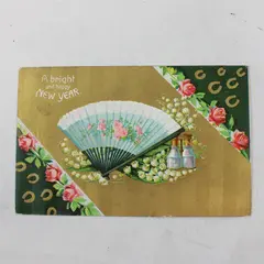 1910 A Bright And Happy New Year Fan And Roses Embossed Postcard