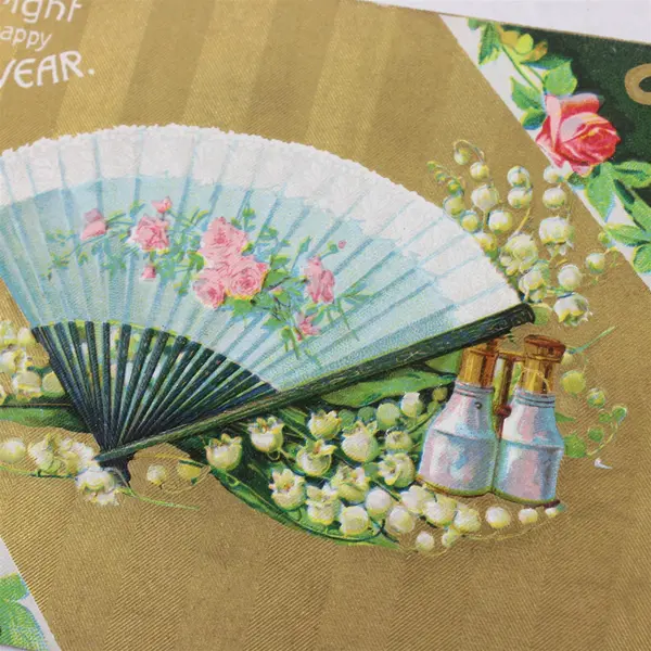 1910 A Bright And Happy New Year Fan And Roses Embossed Postcard