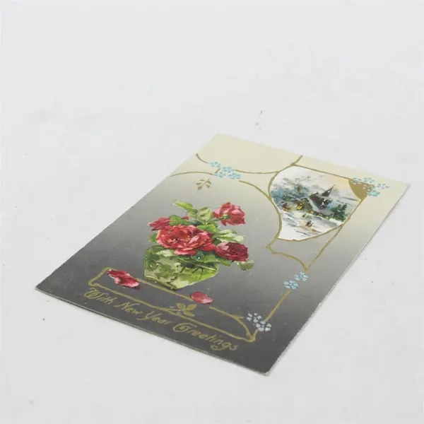 Vintage 1910s With New Year Greetings Rose Vase Winter Scene Embossed Postcard